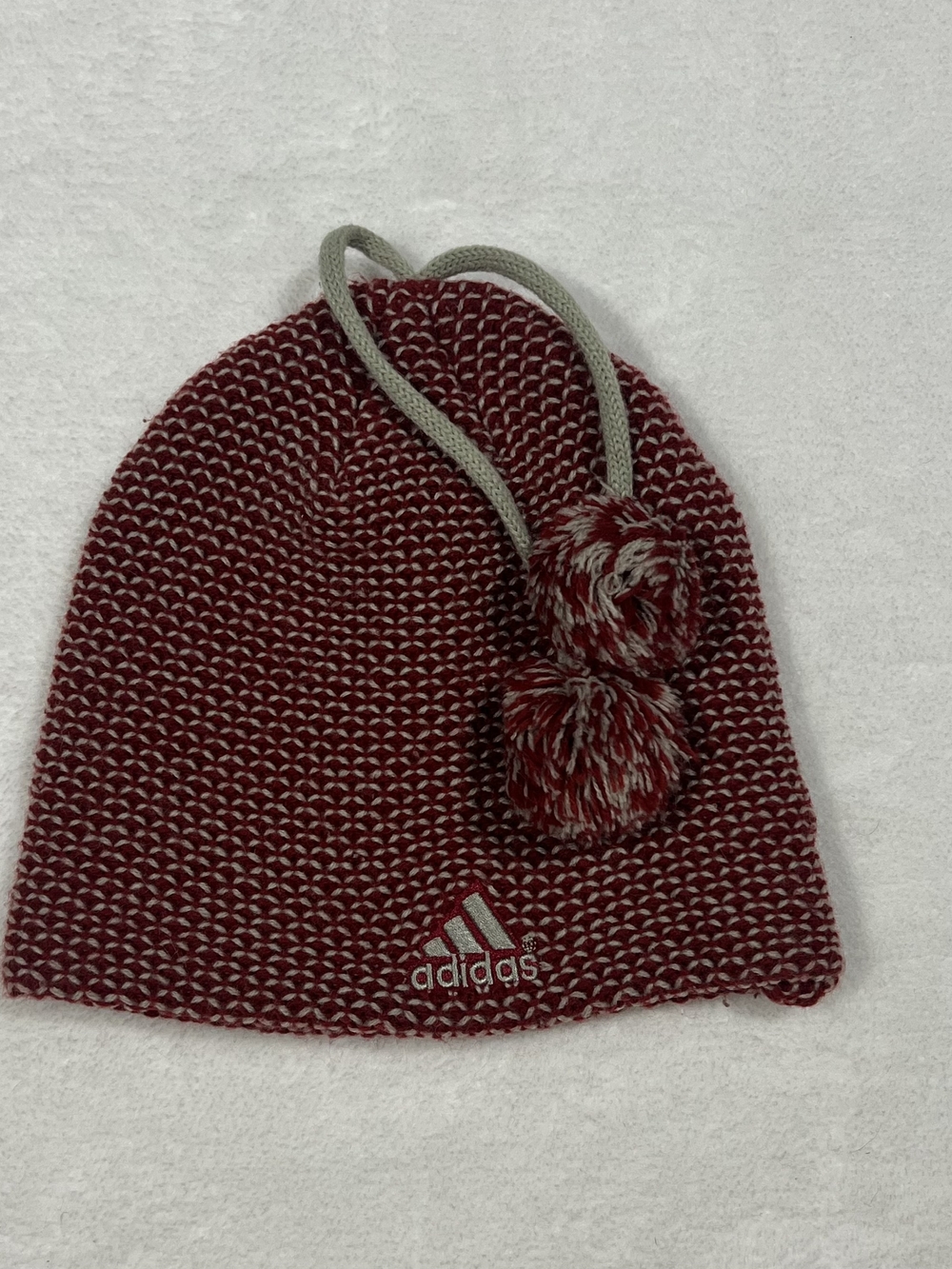 Adidas Knit Beanie Maroon Red White Pom Pom Winter Hat Embroidered Logo One Size